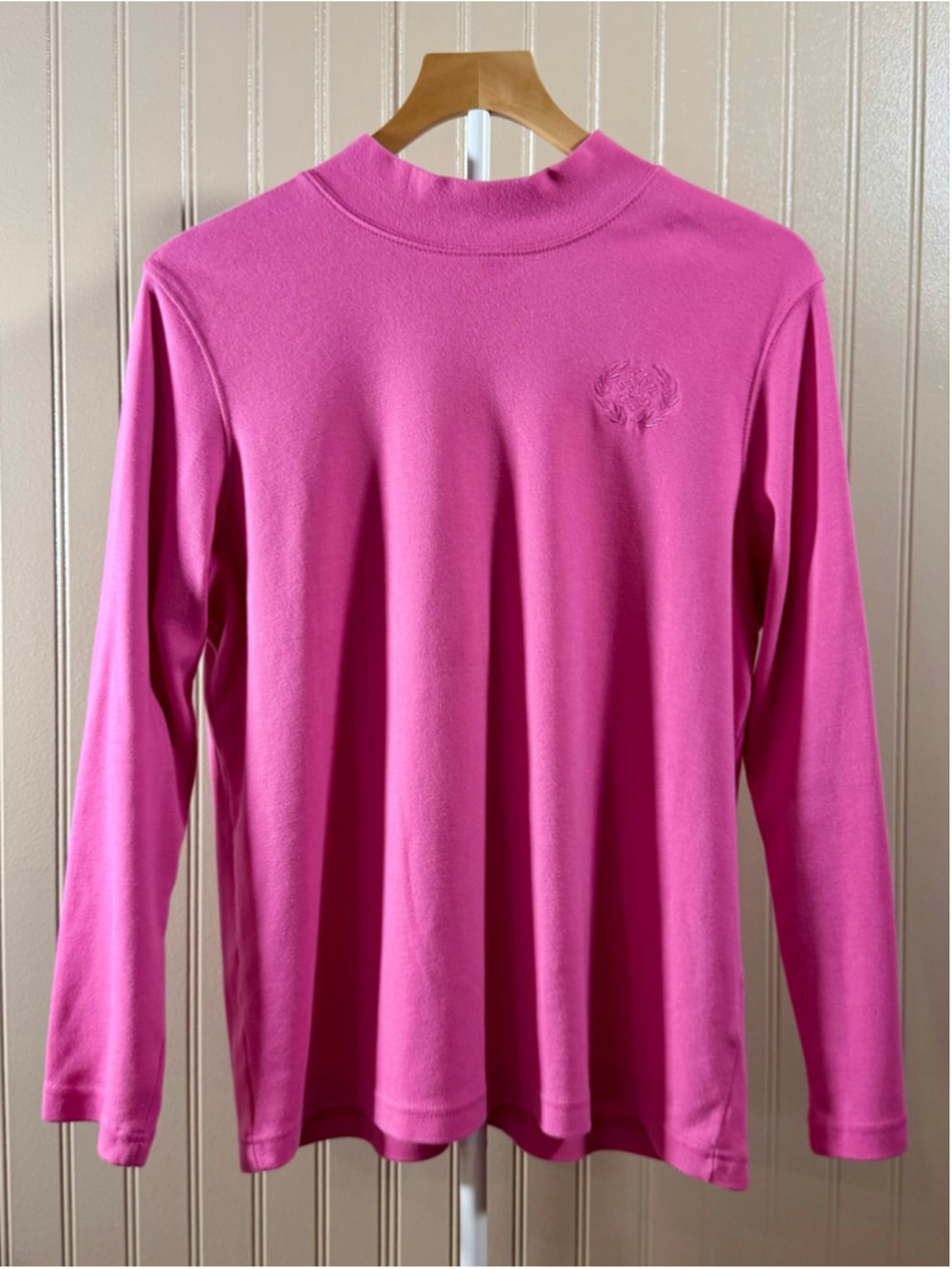 Blair Women's Large Pink Mock Neck Long Sleeve Shirt Embroidered Crest